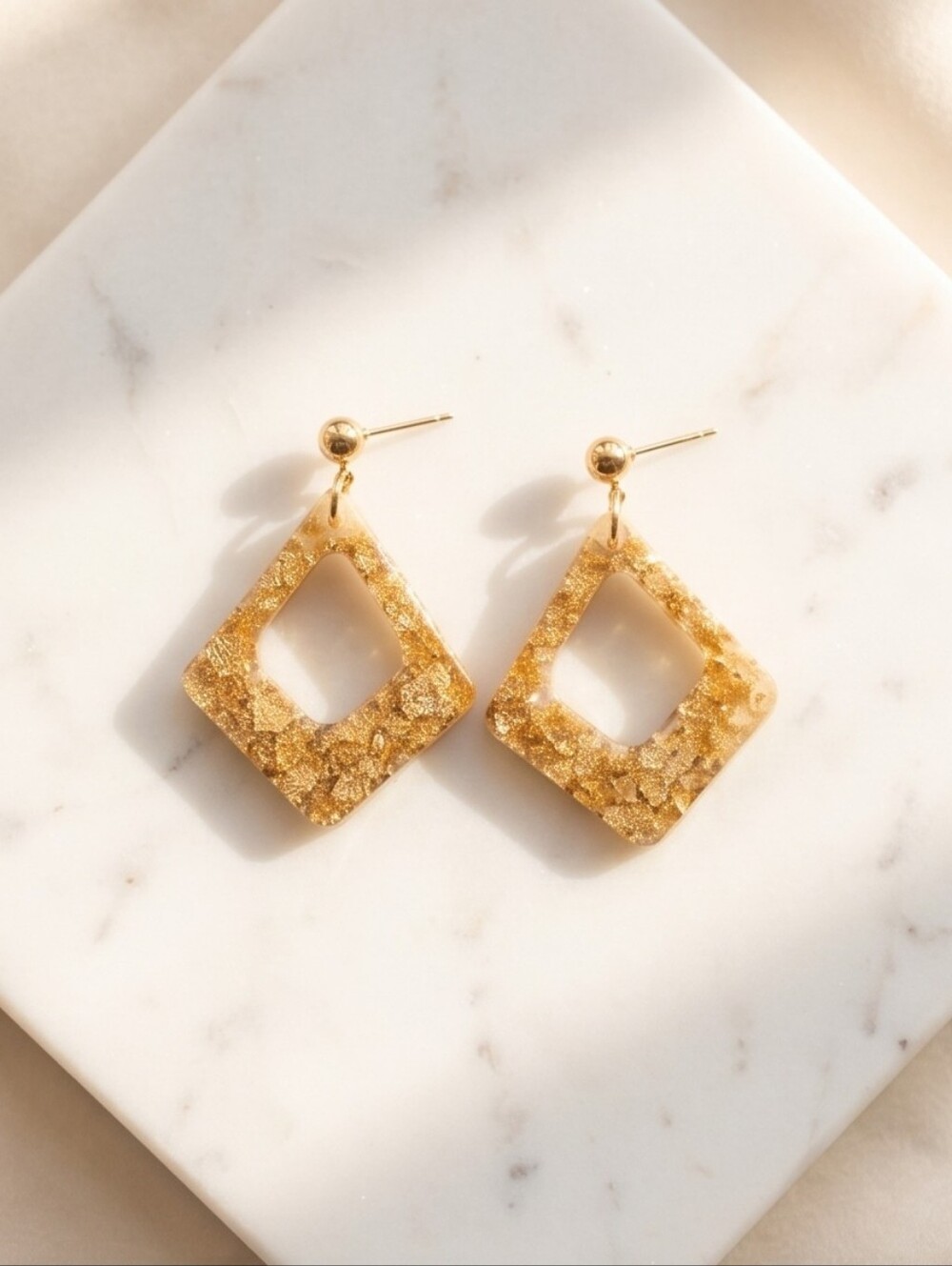 #519 HAND CRAFTED Earrings handcrafted handmade Resin Gold Triangle Flakes Studs